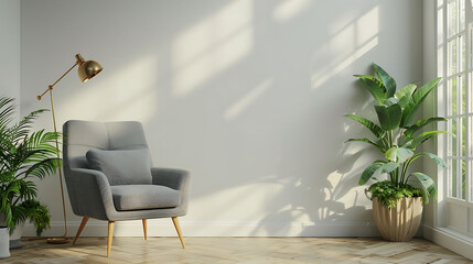 Scandinavian style livingroom with gray fabric armchair, golden lamp and plants on empty white wall background, 3d rendering