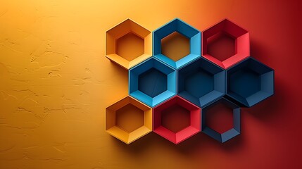 Colorful Hexagonal Shelves Cluster on Textured Orange Wall in Modern Geometric Style