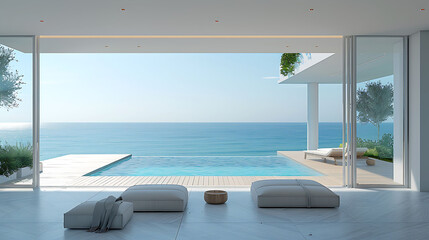 Sea view empty large living room of luxury summer beach house with swimming pool near wooden terrace, Big white wall background in vacation home or holiday villa, Hotel interior 3d illustration