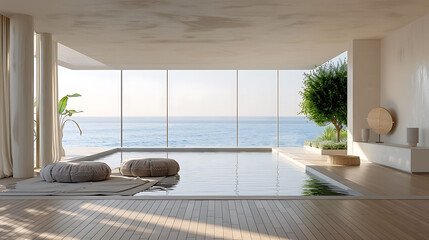 Sea view empty large living room of luxury summer beach house with swimming pool near wooden terrace, Big white wall background in vacation home or holiday villa, Hotel interior 3d illustration
