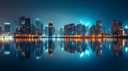 A panoramic view of a modern city at night its reflection shimmering on the calm waters beneath. The citys commitment to sustainable energy can be seen in the bright lights powered . - obrazy, fototapety, plakaty