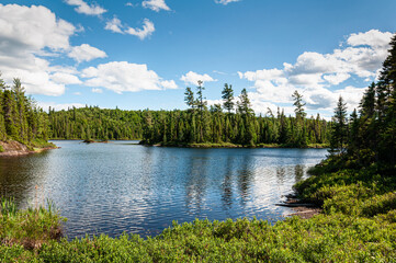 Tranquil blue waters of Lake Gabbro in Quebec reflect the clear sky, bordered by dense coniferous...
