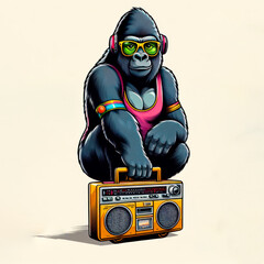 A cool female gorilla with glasses and a radio in 80s style pop art 