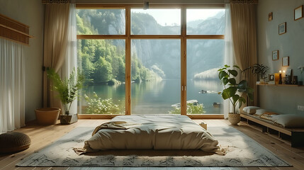 Spacious scandi bedroom interior with big window and minimalist decoration