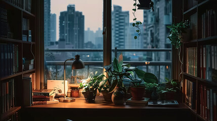 View from a plant-cluttered desk out a window into a rainy city