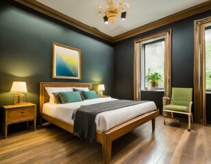 Experience ultimate comfort in a bedroom with a solid wood bed frame on hardwood flooring, accompanied by a chair, nightstand, and striking black walls creating a cozy sanctuary