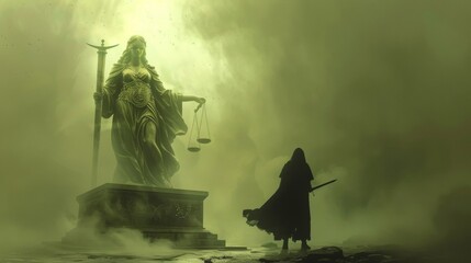A dreamlike scene of a solitary figure shrouded in fog and cloaked in mystery standing before a towering sculpture of a blindfolded lady holding scales in one hand and a sword in the .