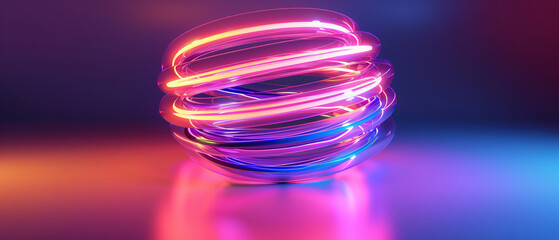 Futuristic Neon Coil on Vivid Pink and Blue Gradient Background with Copy Space
