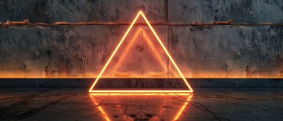 Glowing Neon Triangle Illuminating a Rough Industrial Wall with Reflection on Floor
