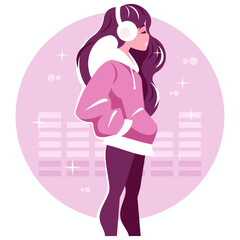 A girl in a sweatshirt listens to music with large headphones. Vector graphics