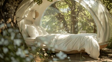 Lose yourself in the serene landscape of these eco escapes as you rest in the comfort of these innovative sleep domes made of ecofriendly and recycled materials. 2d flat cartoon.
