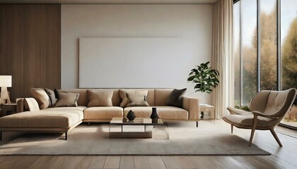 Modern living room with vacant white wall and beige couch