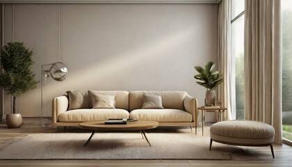 Modern living room with vacant white wall and beige couch
