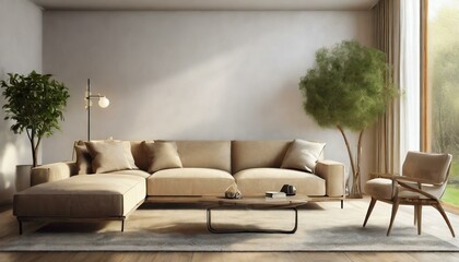 Fototapeta na wymiar Modern living room with vacant white wall and beige couch