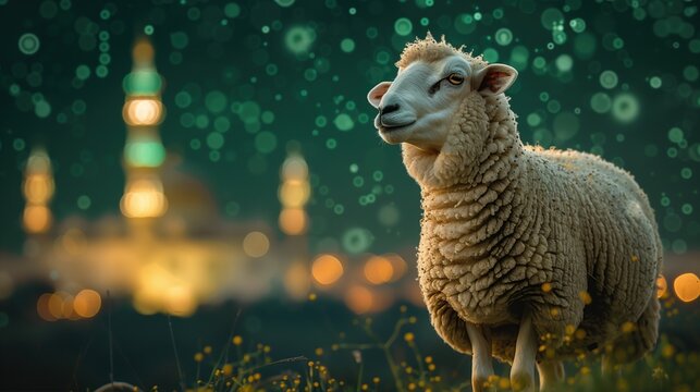 abstract sheep isolated on green blurred mosque in background, islam concept, eid mubarak