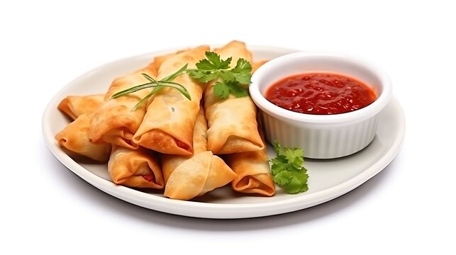 Traditional spring rolls with chili sauce on a white plate isolated on white background.