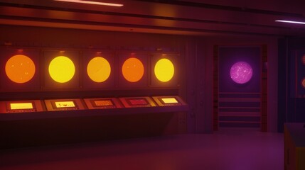 Arranges a scene at a science museum exhibit on dark matter, where interactive displays glow in deep blues, inviting visitors to dive into the complexities of cosmic phenomena
