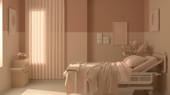 Arranges a maternity ward scene, using soft pink blankets and wall colors to convey a gentle, welcoming environment for newborns and their mothers