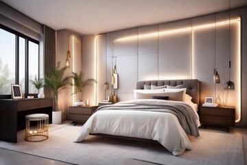 Chic bedroom with modern lighting and cozy bed, Cozy contemporary bedroom with stylish lighting and comfy bed, Sleek modern bedroom with ambient lighting and plush bed.