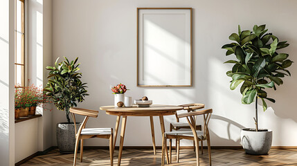Stylish scandinavian dining room interior with mock up poster frame, wooden table, furniture, cupof coffee, flowers , cement fruits and elegant accessories, Ready to use, Template, Modern home decor