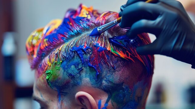 A barber is shown painting vibrant colors onto a clients hair using it as a canvas for their artistic expression. The end result is a vibrant and abstract design that defies traditional .