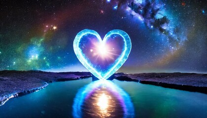 astronomical object resembling a heart made of colorful lights, surrounded by a galaxy filled with gas, water, and lens flare in electric blue hues - obrazy, fototapety, plakaty