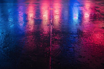 Wet asphalt, night view, neon reflection on the concrete floor. Night empty stage, studio. Dark abstract background. Product Showcase Spotlight Background - generative ai