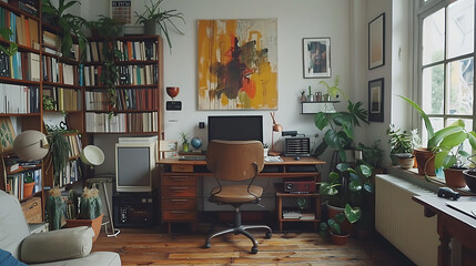 Stylish scandinavian living room with design furniture, plants, bamboo bookstand and wooden desk,...