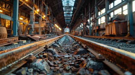 Fototapeta na wymiar Abandoned Minecart on Weathered Railway Tracks in Rustic Industrial Setting with Compelling Perspective and Moody Atmosphere