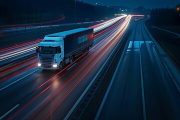 time lapse of trucks driving on highway at night light trails and motion blur illustration - obrazy, fototapety, plakaty