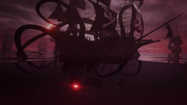 Pirates Ship attacked by the Kraken in the Ocean - Loop Seascape Background Wallpaper