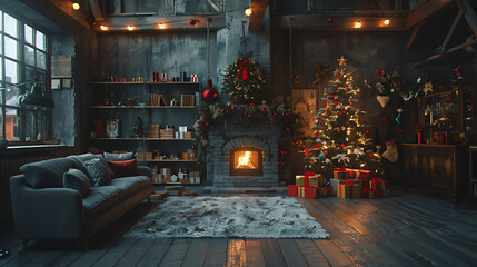 The gray velor sofa in the dark loft room has a bright light from the eternal light and an artificial fireplace, Inner attic with concrete walls and a decorated Christmas tree with gift boxes