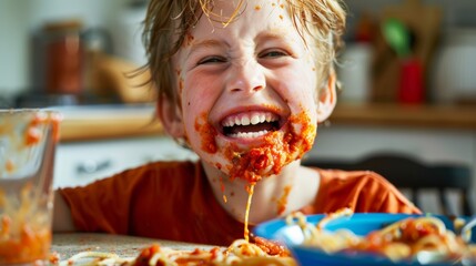 Spaghetti Face. A boy eats spaghetti, smiling with his face covered in red sauce. Fun messy childhood and parenting photo concept.  