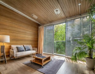 Modern interior with large roller blinds automatic solar and blackout shades wood decor panels on walls and electric sunscreen curtains for home With copyspace for text