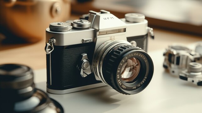 Old vintage film camera on a white table.