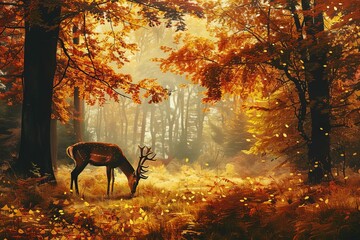 tranquil autumn forest with grazing deer digital painting