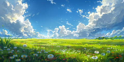 Fototapeta premium With a backdrop of clear blue sky and fluffy clouds, a vibrant landscape unfolds, featuring a meadow filled with fresh grass flowers in full bloom during the spring.