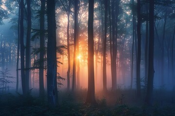 tranquil sunrise in misty forest nature landscape photography
