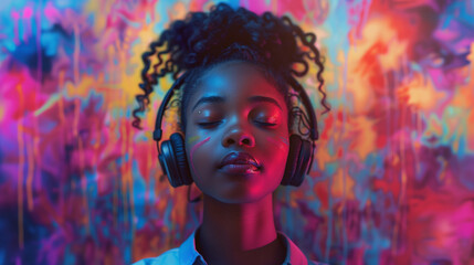 A young African American woman with closed eyes wearing headphones with a vivid, colorful graffiti...