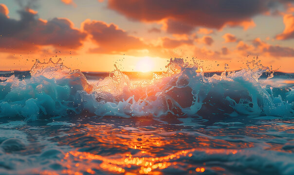 A breathtaking sunset over the ocean with a wave crashing on the shore.