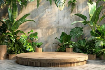 tropical jungle podium display with green plants and natural elements on 3d wood stage product showcase