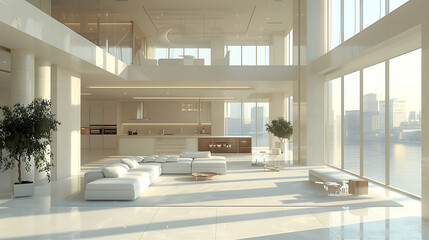trendy modern interior design of a large studio in white and beige colors with large...