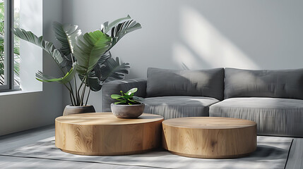 Two wooden coffee tables with plant in pot in front of grey corner sofa in fashionable living room interior, realistic interior design photography