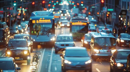 A bustling city street filled with electric cars buses and bicycles showcasing the success of implementing sustainable transportation options through the use of biofuels. .