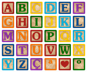 3D render 3D image alphabet in colored wooden blocks with letters for literacy and didactic illustration for schools, children, advertisements and others. Excellent quality.