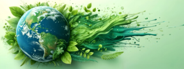 Earth with Green Splash and Foliage Banner, Text Space for Eco-Friendly Sustainability Campaigns