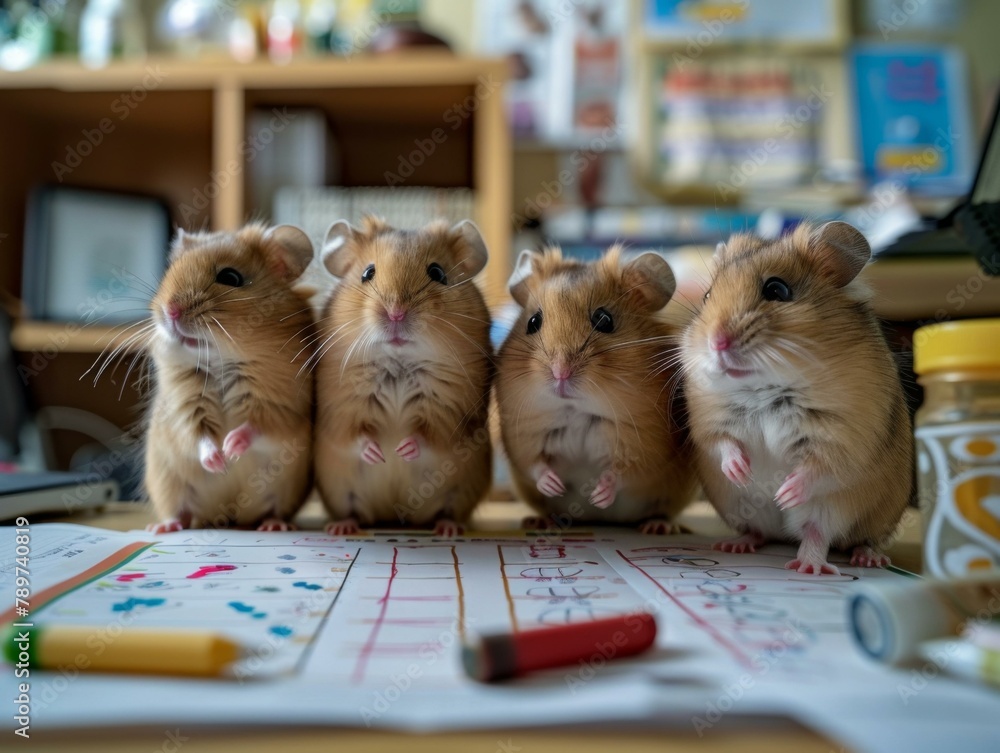 Poster a group of four hamsters are standing on a table. generative ai.