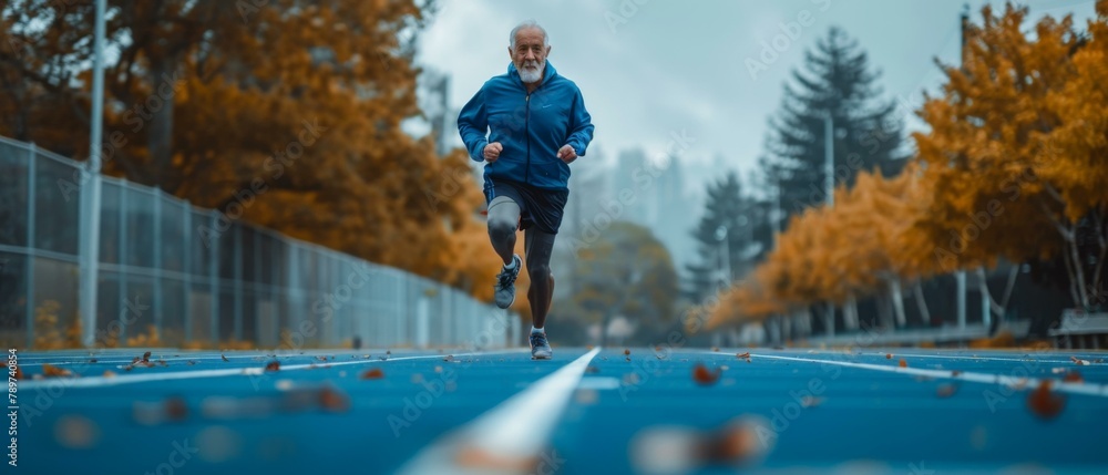 Poster a man running on a track in the fall. generative ai.