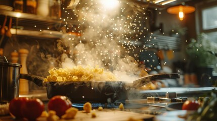 A pan of food being cooked on a stove top with steam coming out. Generative AI.