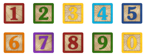 3D Render Set of Colorful Wooden Backgroundless Number Blocks with for Literacy and Teaching...